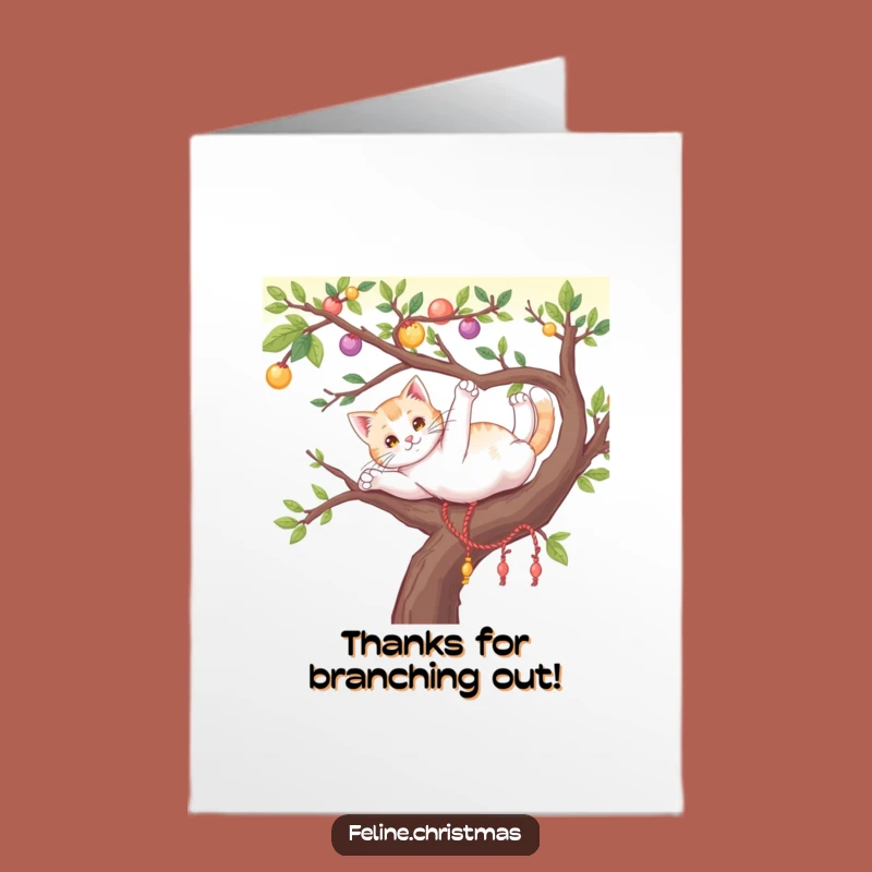 Free Printable Thank You Card: Cat Stretching on Branch, Funny Downloadable