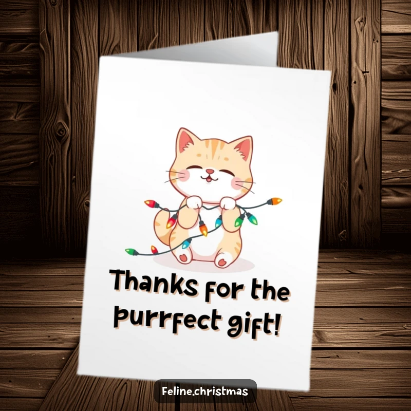 Funny Free Printable Thank You Card: Kawaii cat playfully wrestling with string lights, expressing thanks with cute chaos.