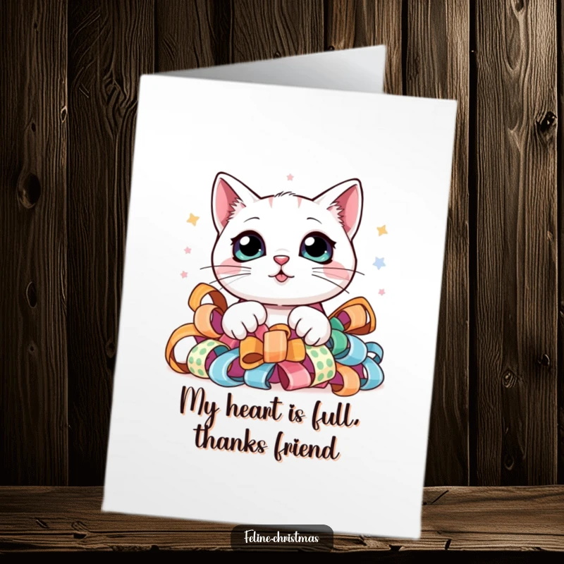 Funny Free Printable Thank You Card: Kawaii cat with big eyes peeking out of festive ribbon, cute thanks.