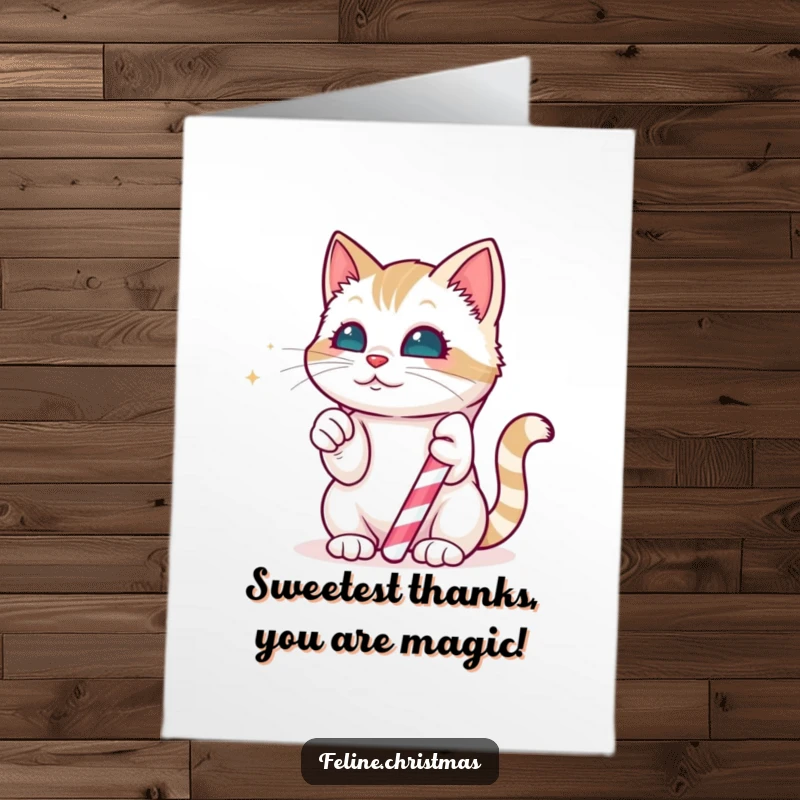 Funny Free Printable Thank You Card: Kawaii cat batting at a magical candy cane, expressing thanks with sweet joy.