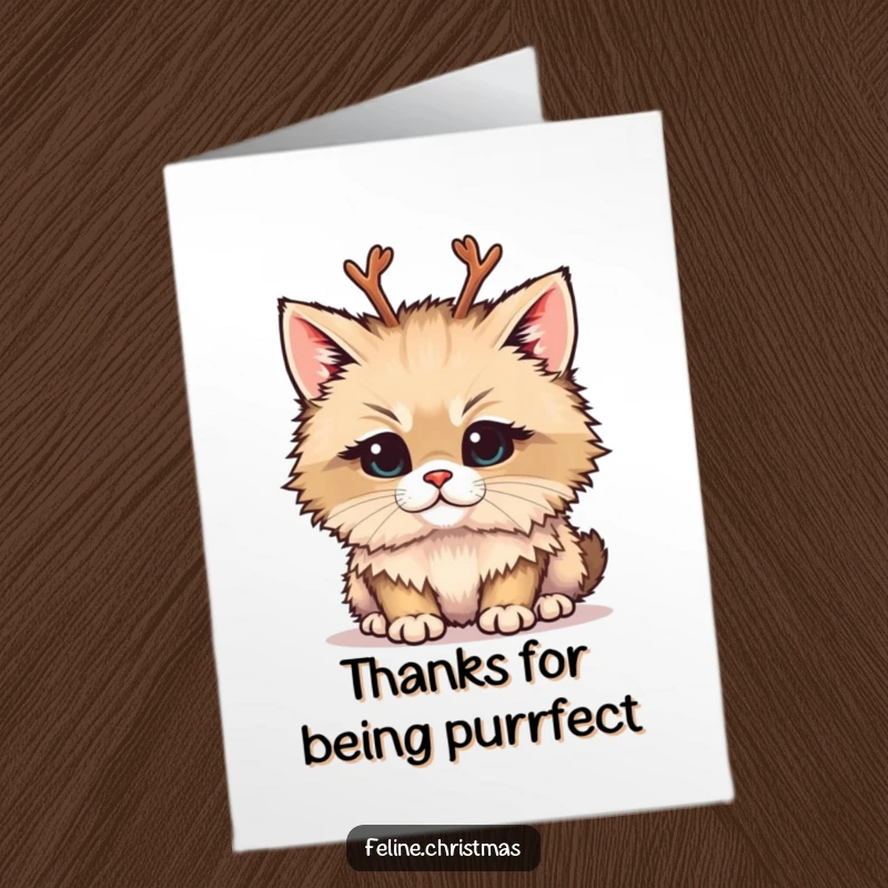 Funny Free Printable Thank You Card: A fluffy cat with tiny reindeer antlers looks mischievous while giving thanks.