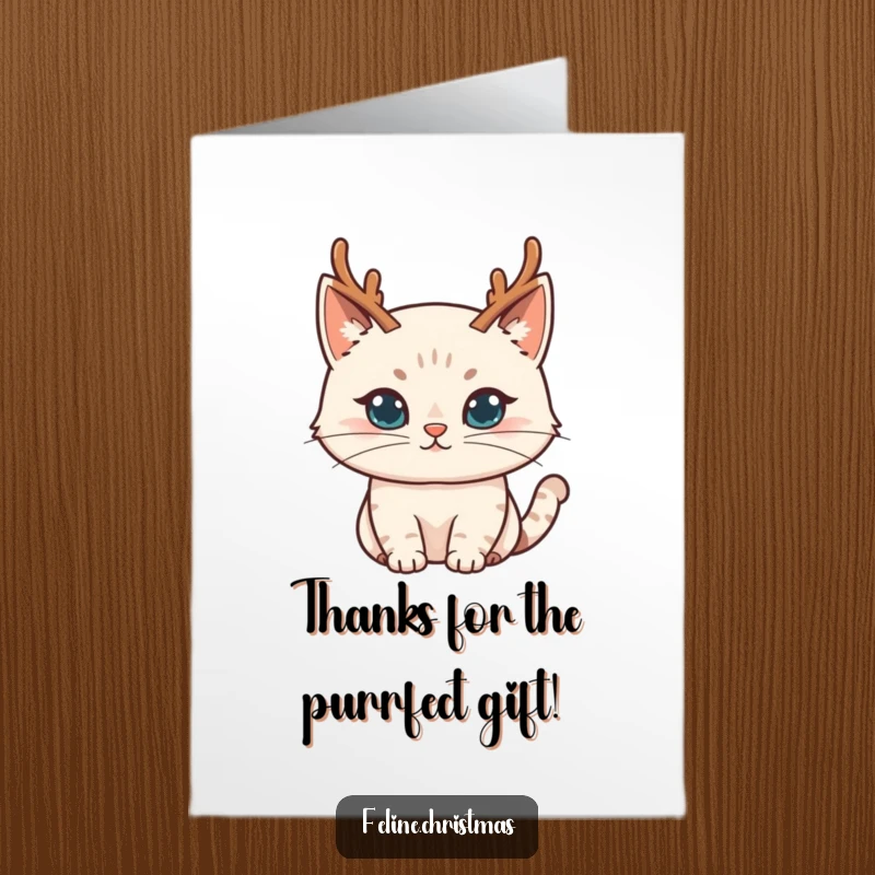 Funny Free Printable Thank You Card: A cat wearing small reindeer antlers, looking sly and mischievous, saying thank you.