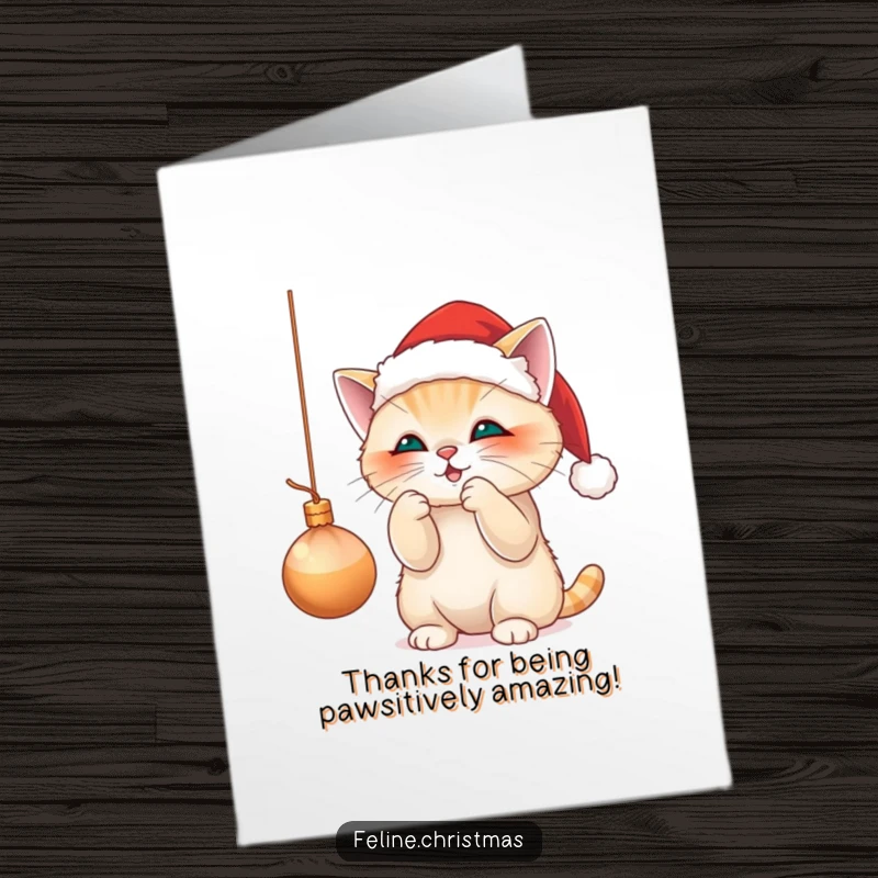 Funny Free Printable Thank You Card: Adorable cat in Santa hat batting ornament, expressing thanks playfully.