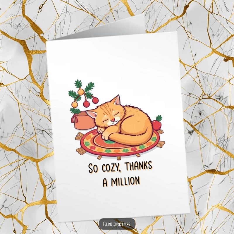 Funny free printable thank you card of a ginger cat curled up fast asleep on a cozy, festive rug.