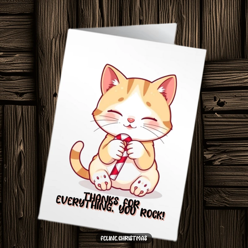 Funny Free Printable Thank You Card with a cute purring cat holding a small candy cane, expressing thanks.