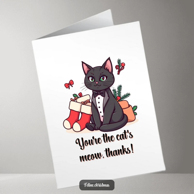 Funny Free Printable Thank You Card: Tuxedo cat sits regally beside a pile of stockings, conveying thanks with a sly look.