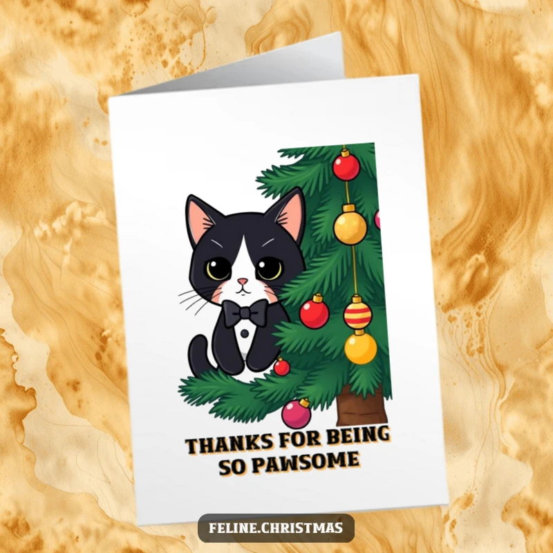 Funny free printable thank you card featuring a kawaii tuxedo cat with a festive bow tie peeking from behind a Christmas tree.