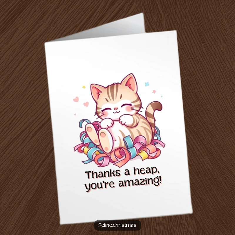 Funny Free Printable Striped Cat Thank You Card of a happy striped cat blissfully rolling in festive ribbon.