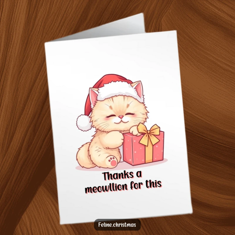 Funny free printable thank you card with a kawaii Persian cat in a Santa hat kneading a present, a sweet gesture.
