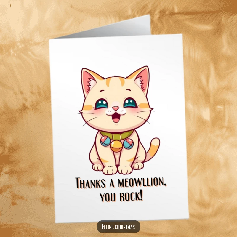 Funny Free Printable Thank You Card: A playful cat with tiny jingle bells on its collar, offering a sweet meow of gratitude.