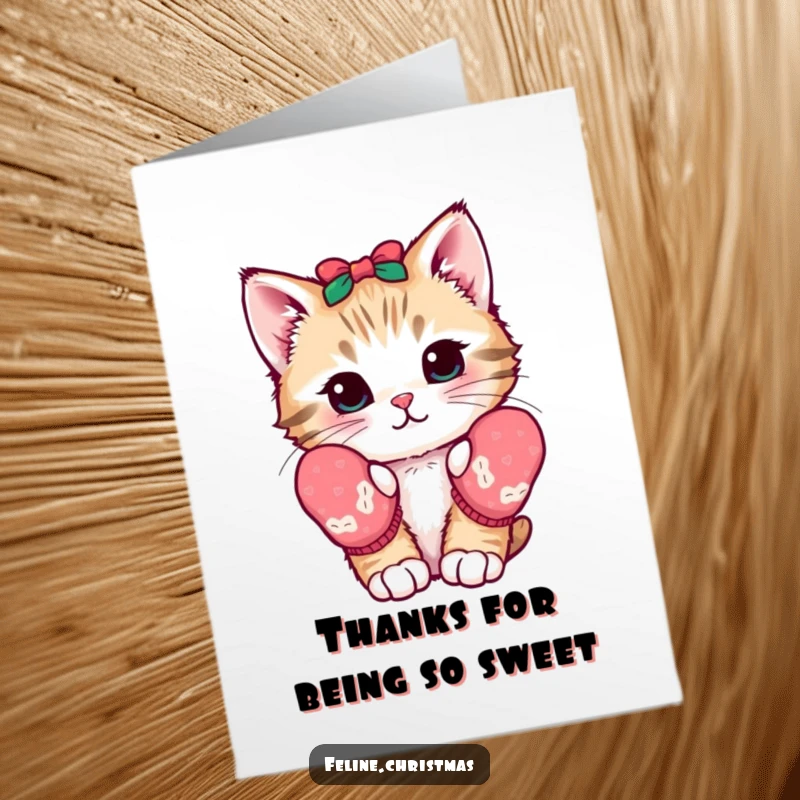 Funny Free Printable Thank You Card: Cute kawaii kitten wearing mittens, looking warmly appreciative.