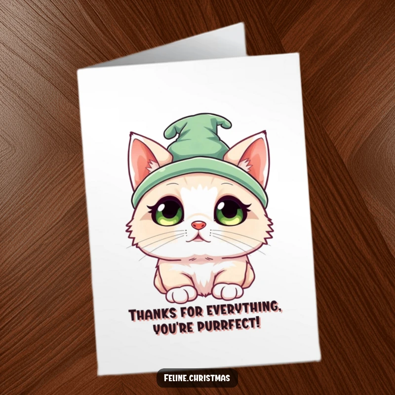 Funny Free Printable Elf Cat Thank You Card showcasing a kawaii ragdoll kitten with an elf hat looking up.