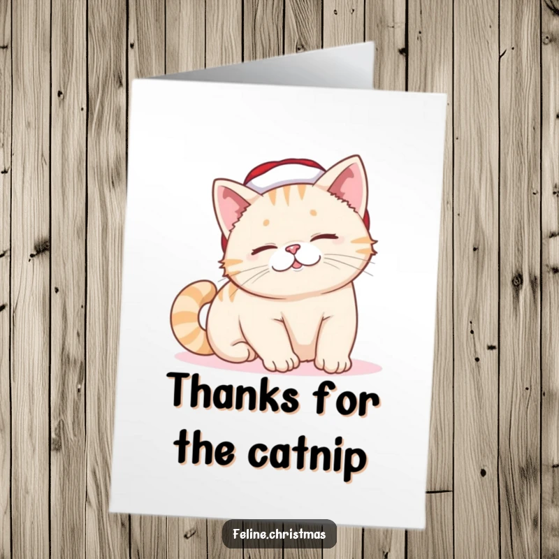 Free Printable Thank You Card: A cat in a tiny Santa hat stretches out, offering thanks with a lazy, amused smile.
