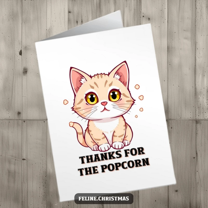 Free Printable Thank You Card: A cat with bright, curious eyes is fully absorbed in watching popcorn bounce.