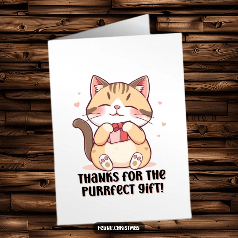 Funny Free Printable Thank You Card: Content cat expresses gratitude by rubbing against a gift.