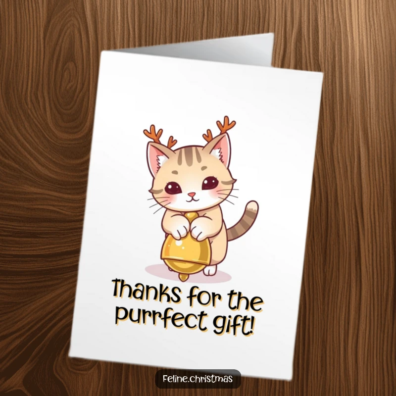 Funny Free Printable Thank You Card featuring a cat with tiny antlers playfully batting at a jingle bell, showing festive thanks.