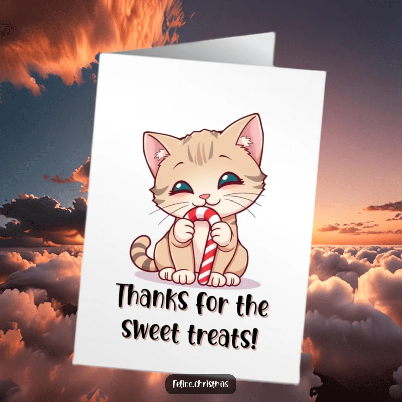 Funny Free Printable Thank You Card: A smiling cat curiously sniffs a candy cane with wide, interested eyes.