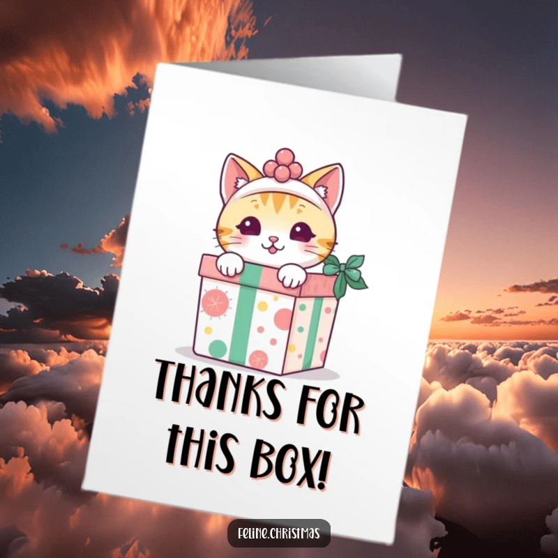 Funny free printable thank you card: Festive kawaii cat peeking from a decorated gift box, ideal for expressing thanks.
