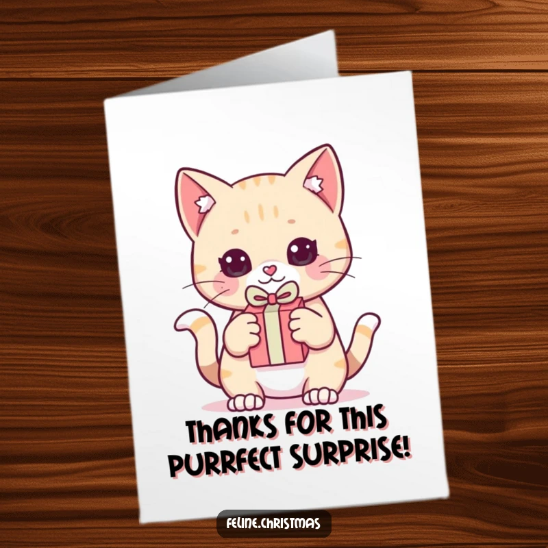 Funny Free Printable Thank You Card: Kawaii cat holding a tiny gift, ready to pounce, saying thank you sweetly.