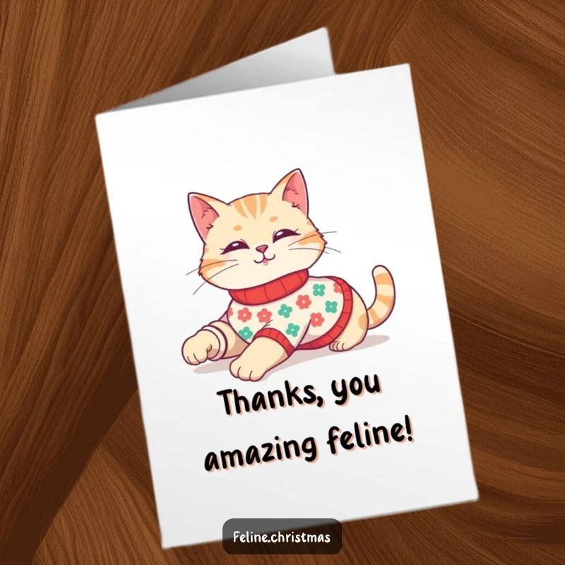 Funny Free Printable Thank You Card: A cute cat dons a festive sweater and stretches out lazily with a smile.