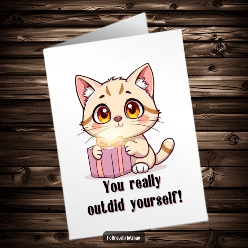 Funny Free Printable Thank You Card: A cat with wide, amazed eyes looks at a mysterious glowing present, offering thanks.