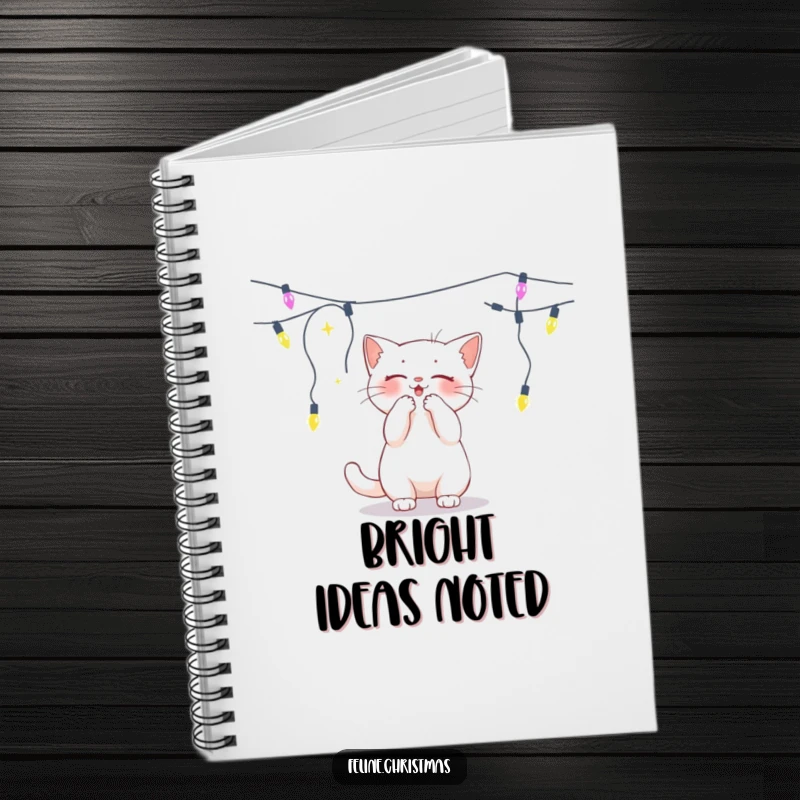 Funny white cat batting at a dangling string of lights, a notebook for jotting down ideas.
