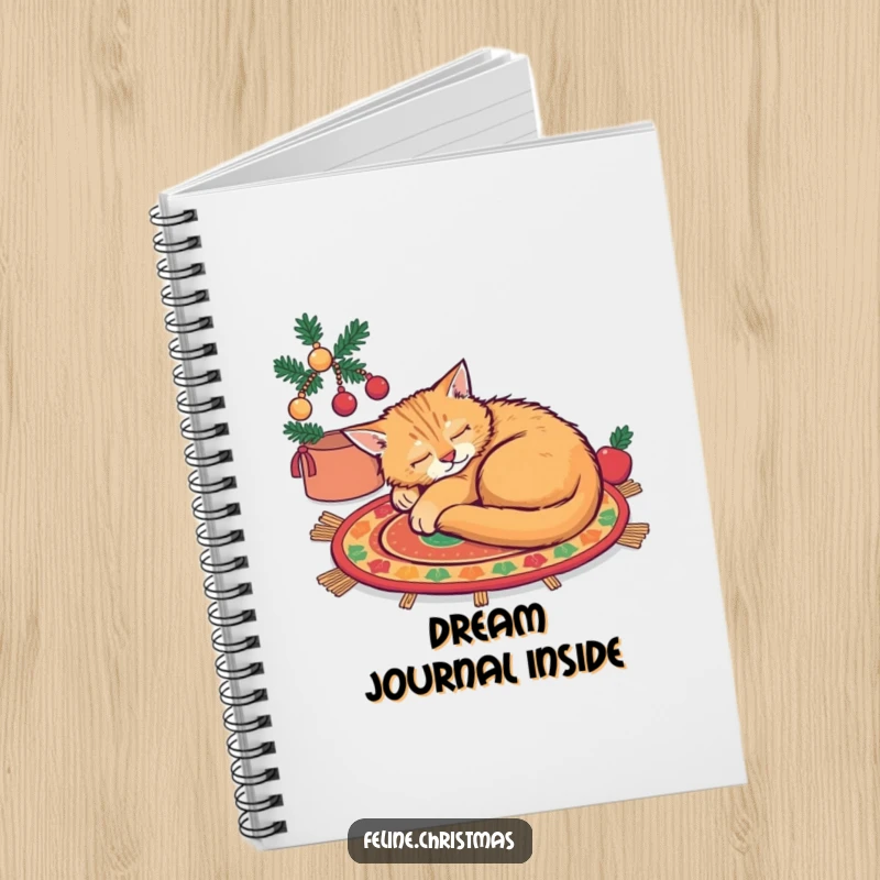 Funny ginger cat asleep on a festive rug, a notebook for peaceful thoughts and journaling.