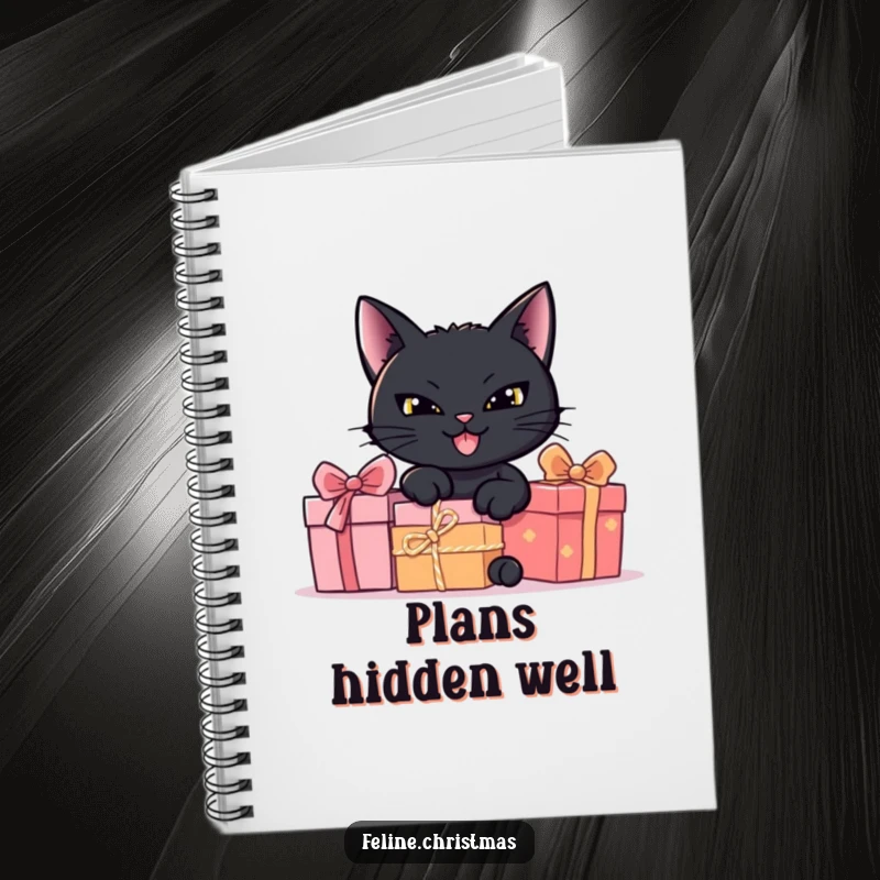 Funny black cat with a mischievous grin hiding behind presents, a notebook for capturing thoughts.