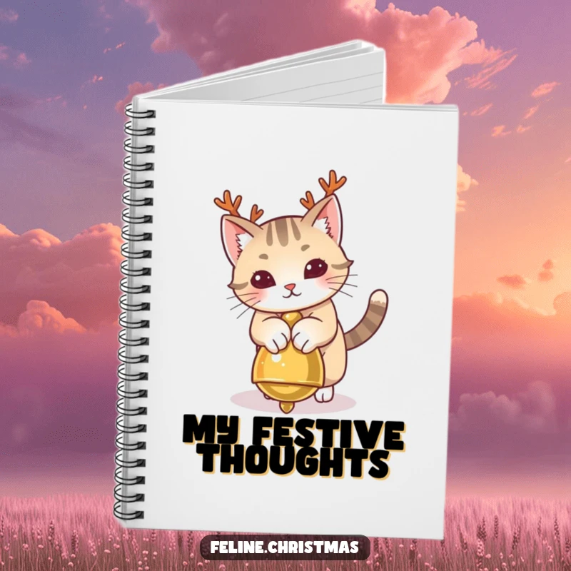 Funny Cat Antlers Notebook featuring a playful cat with antlers pouncing on a jingle bell, ideal for notes.
