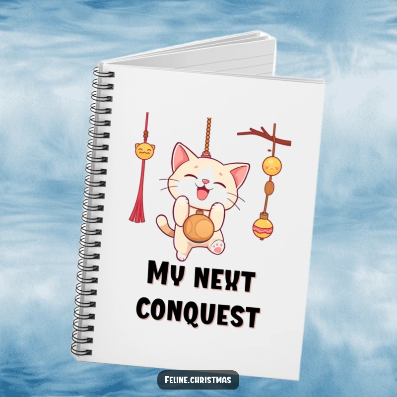 Funny Christmas notebook with a cat gleefully pouncing on a dangling ornament, ideal for holiday journaling and note-taking.