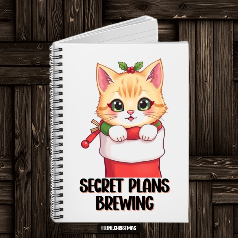 Funny Christmas notebook with a cat wearing a festive collar peeking from a stocking, ideal for holiday journaling and note-taking.