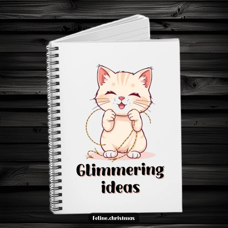 Funny Christmas notebook depicting a happy cat entangled in shimmering tinsel, perfect for journaling festive ideas.