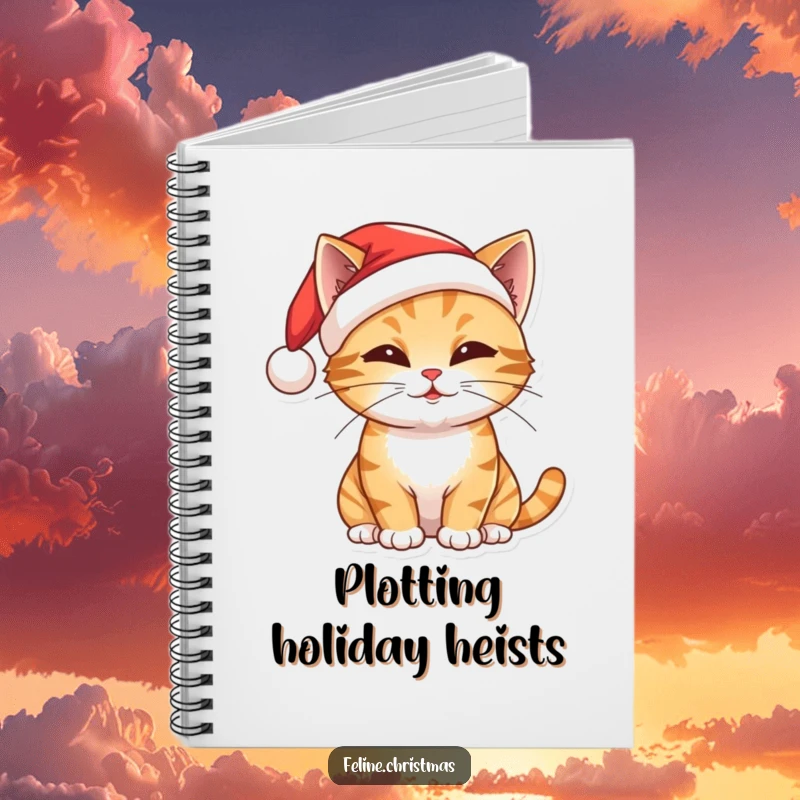 Funny Christmas notebook with a cat in a Santa hat, batting playfully, ideal for holiday journaling and note-taking.