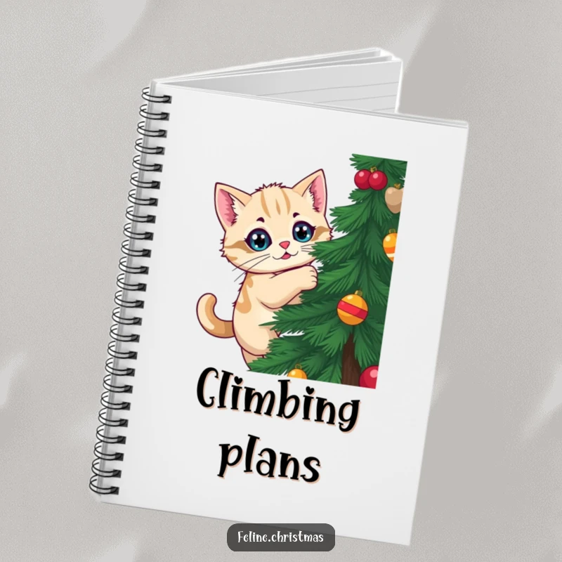 Funny Kawaii Cat Notebook: A cat climbs a Christmas tree, perfect for documenting funny holiday plans.