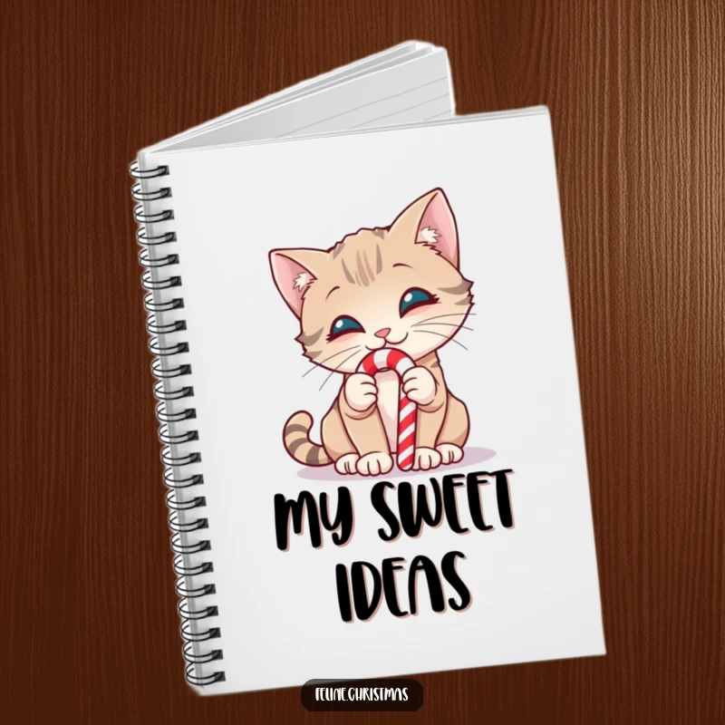 Funny notebook featuring a smiling cat curiously sniffing a candy cane, ideal for jotting sweet ideas.