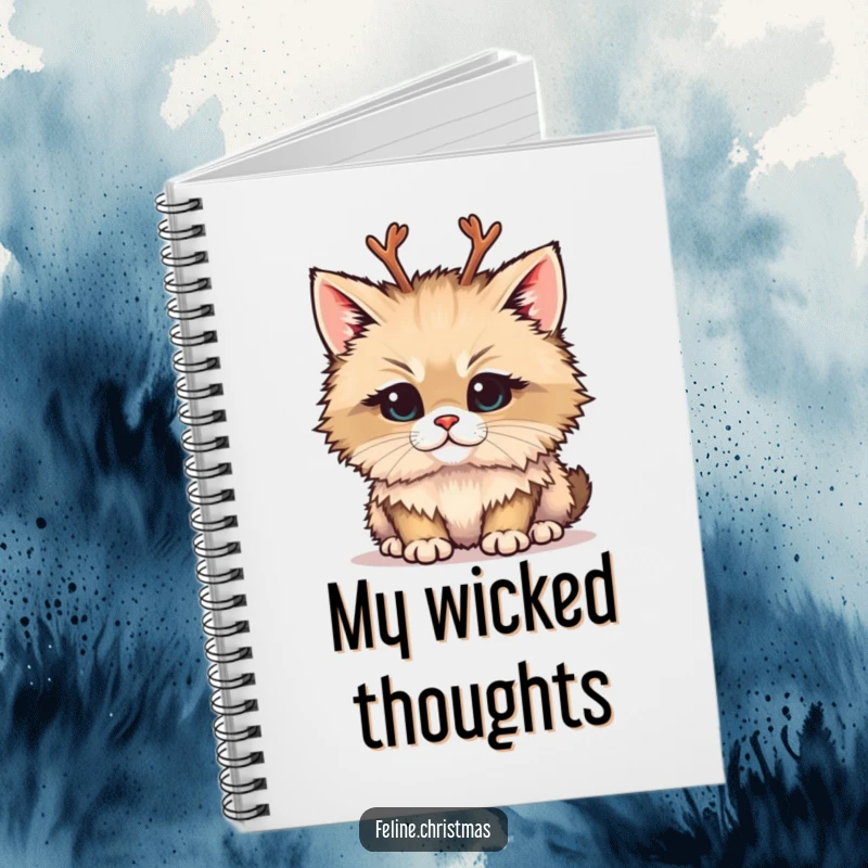 Funny notebook with a fluffy cat wearing tiny reindeer antlers and a mischievous look, perfect for notes.