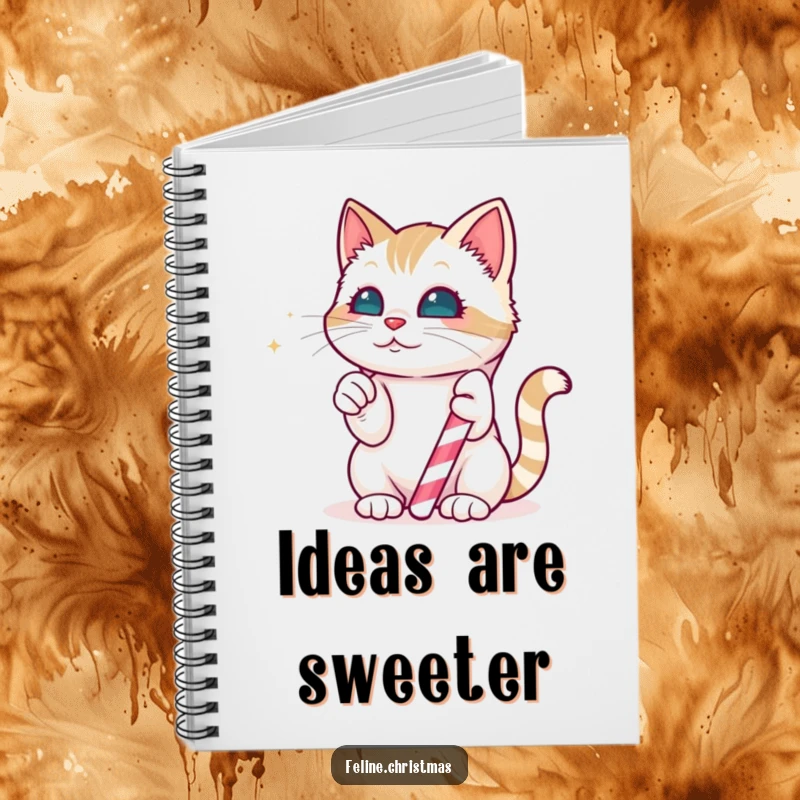 Funny Notebook: Kawaii cat playfully batting at a magical, edible candy cane, perfect for jotting down sweet ideas.