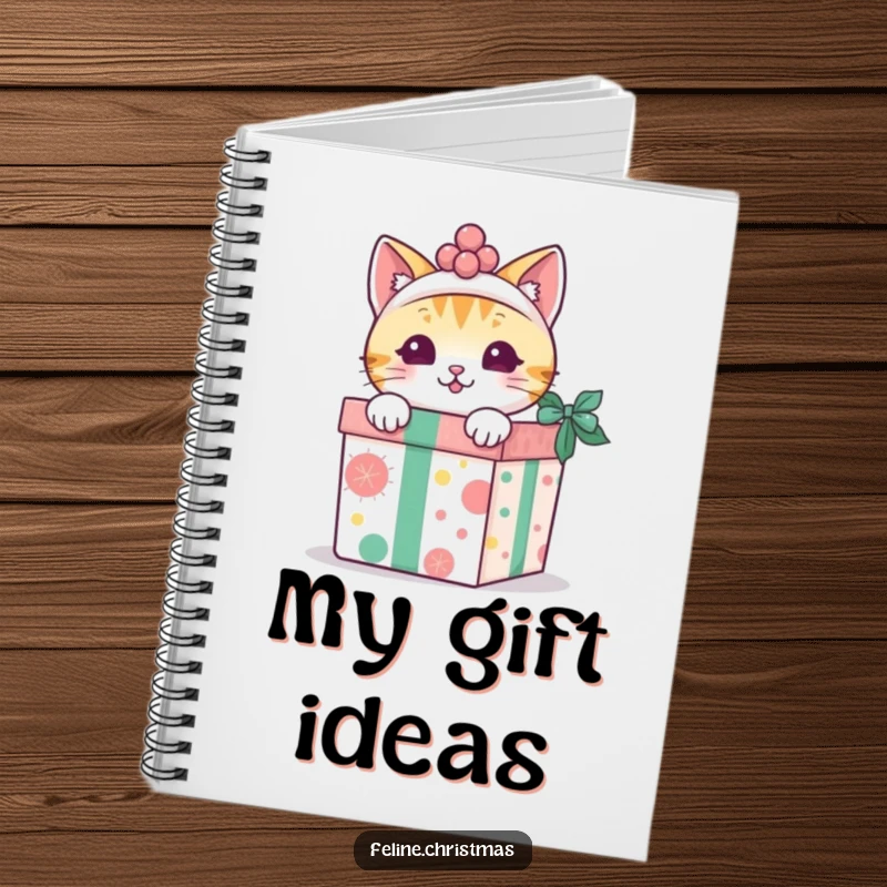 Funny kawaii cat peeking out from a decorated gift box, on the cover of a cute notebook.