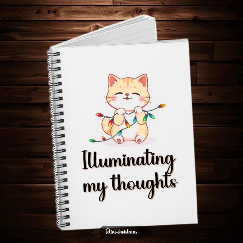 Funny Notebook: Kawaii cat playfully wrestling with a string of bright, festive Christmas lights, perfect for jotting down fun ideas.