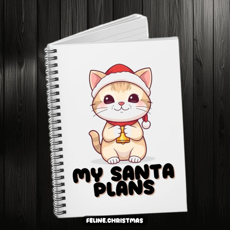 Funny kawaii cat wearing a Santa hat and holding a tiny bell, on the cover of a cute notebook.