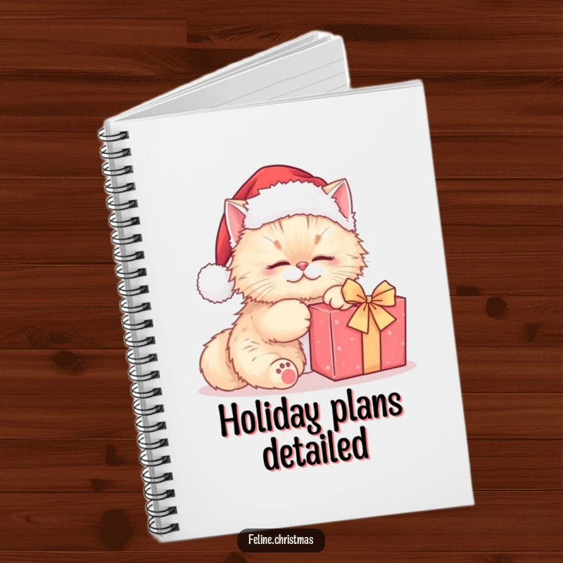 Funny Persian cat Santa notebook, a cute cat kneading a gift, perfect for jotting down holiday plans and wishes.