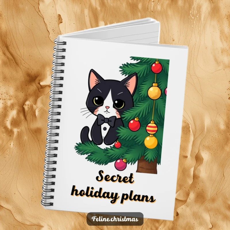 Funny tuxedo cat Christmas notebook, a cute cat peeking from behind a tree, perfect for jotting down holiday wishes.