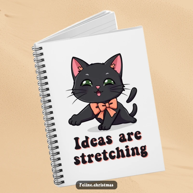 Funny black cat notebook showing a cat in a festive bow stretching playfully, great for jotting down ideas.