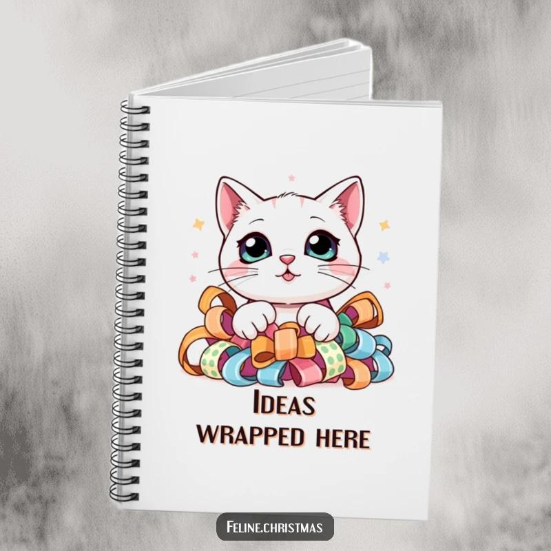Funny notebook showcasing a kawaii cat with big, curious eyes, peeking from festive ribbon, perfect for journaling and planning.