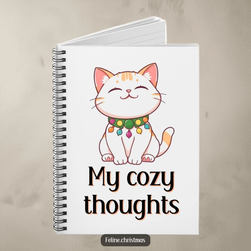 Funny Cat Stretch Notebook featuring a content cat with a festive collar stretching, ideal for journaling.