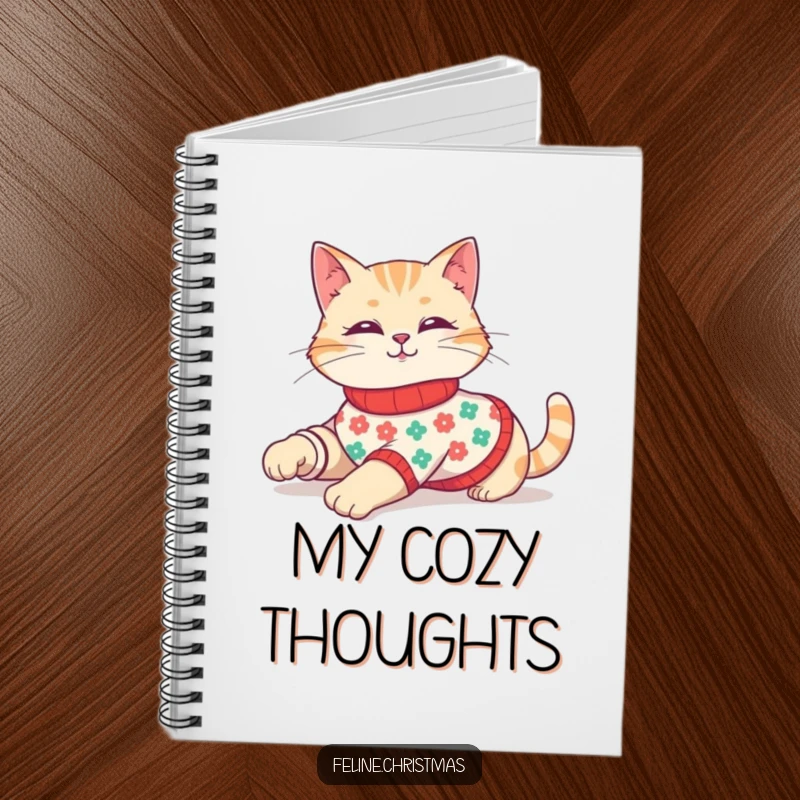 Funny notebook featuring a cute cat in a festive sweater, stretching lazily, ideal for jotting ideas.