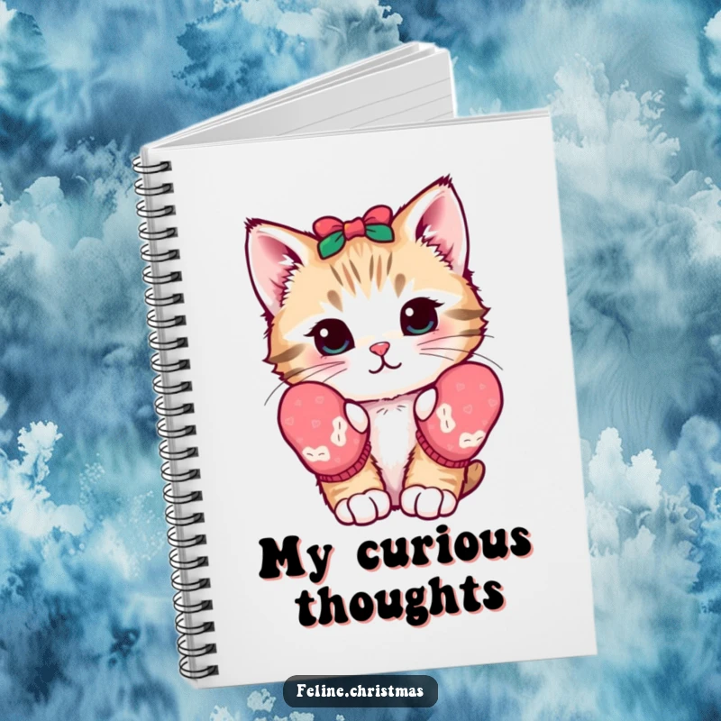 Funny kawaii notebook with a kitten in festive mittens, looking curious, ideal for journaling, drawing, and creative notes.