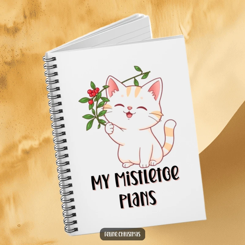 Funny cat with a wide, happy smile, playfully batting at a mistletoe sprig, featured on the cover of a lined notebook.
