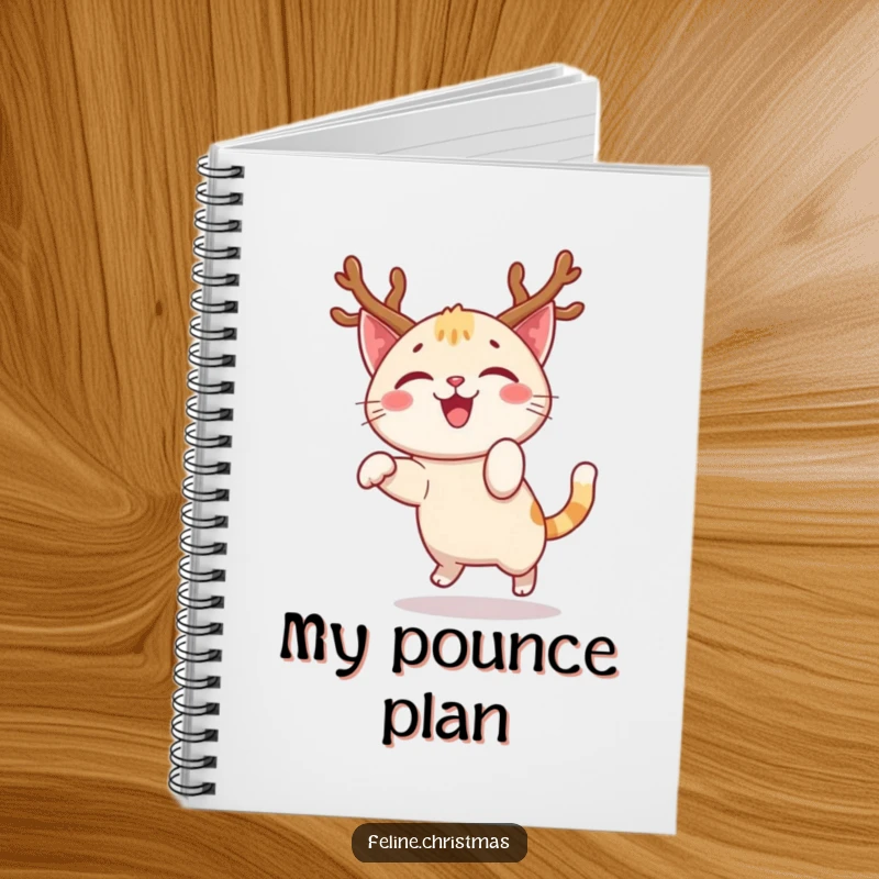Funny notebook showcasing a happy cat character, festive antlers, doing a joyful pounce, ready for notes and doodles.