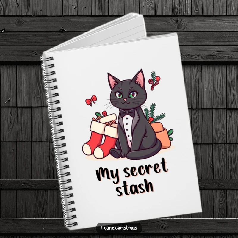Funny notebook cover with a regal tuxedo cat seated beside a humorous pile of Christmas stockings, ideal for jotting ideas.
